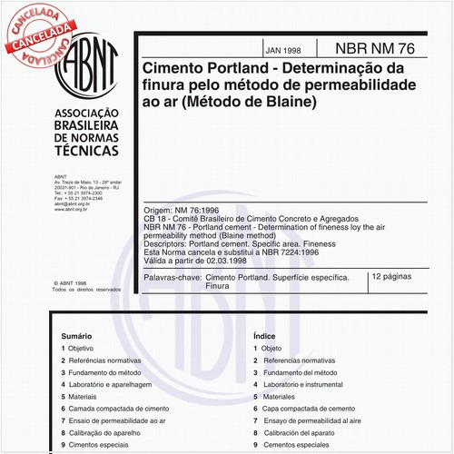 Cimento Portland - Determinação da finura pelo método de permeabilidade ao ar (Método de Blaine)