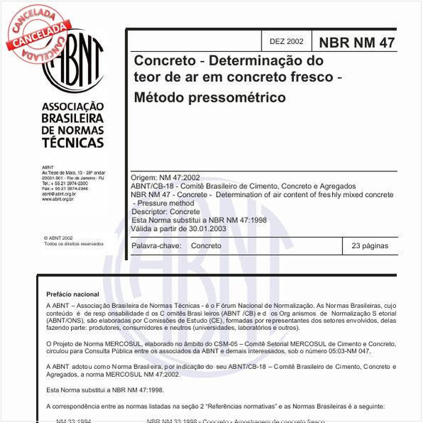 Concreto - Determinação do teor de ar em concreto fresco - Método pressométrico