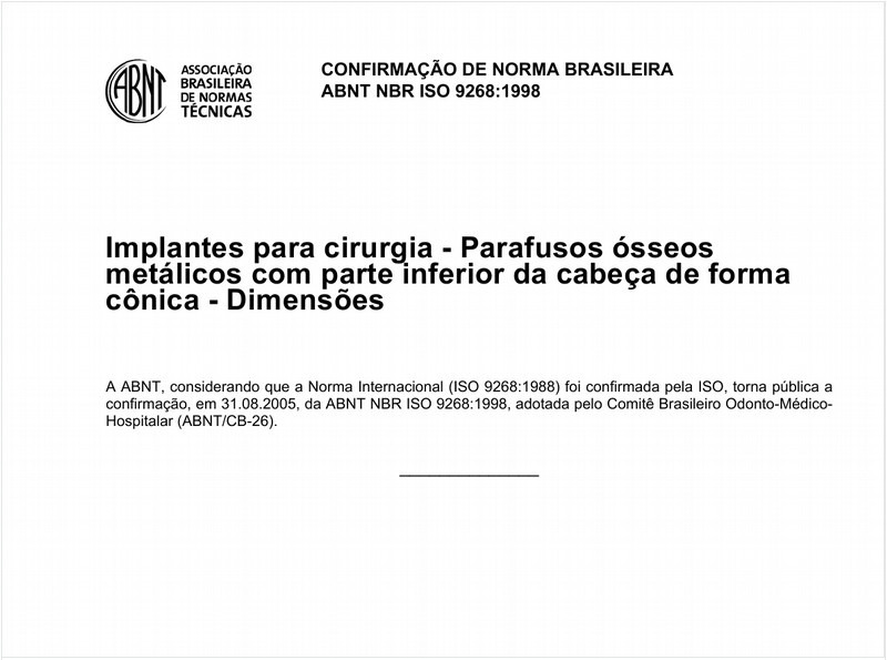 Implantes para cirurgia - Parafusos ósseos metálicos com parte inferior da cabeça de forma cônica - Dimensões