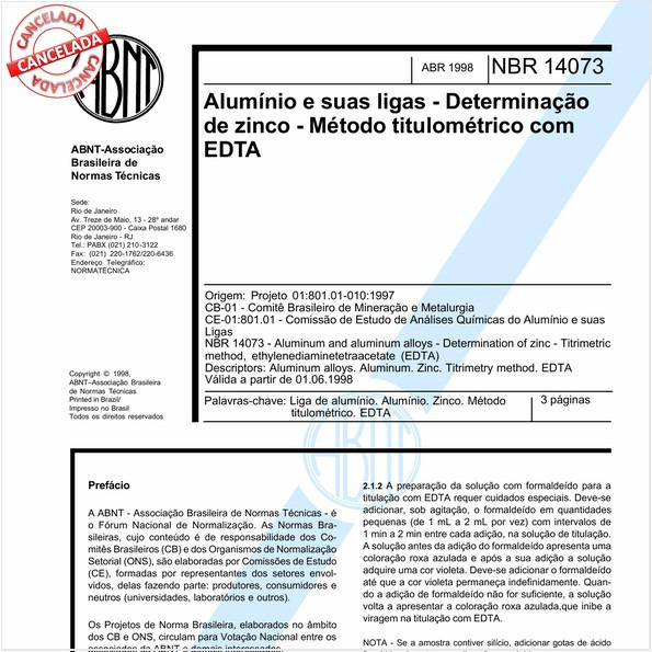Alumínio e suas ligas - Determinação de zinco - Método titulométrico com EDTA