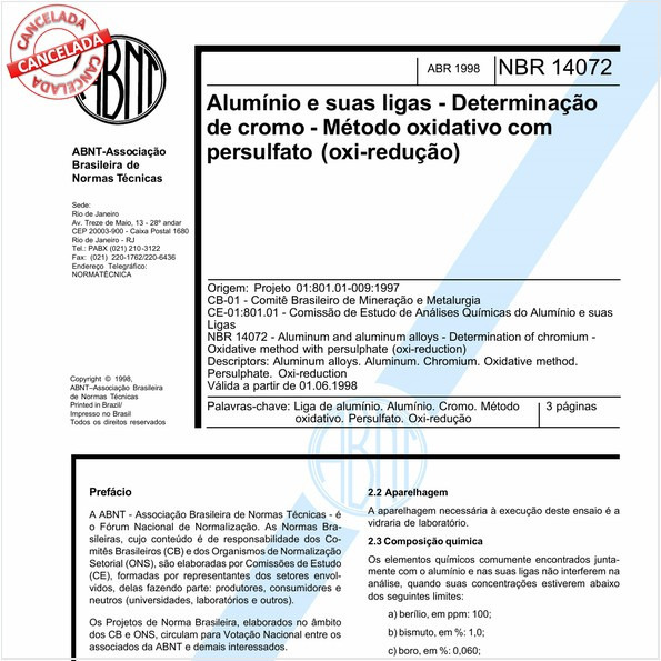 Alumínio e suas ligas - Determinação de cromo - Método oxidativo com persulfato (oxi-redução) 
