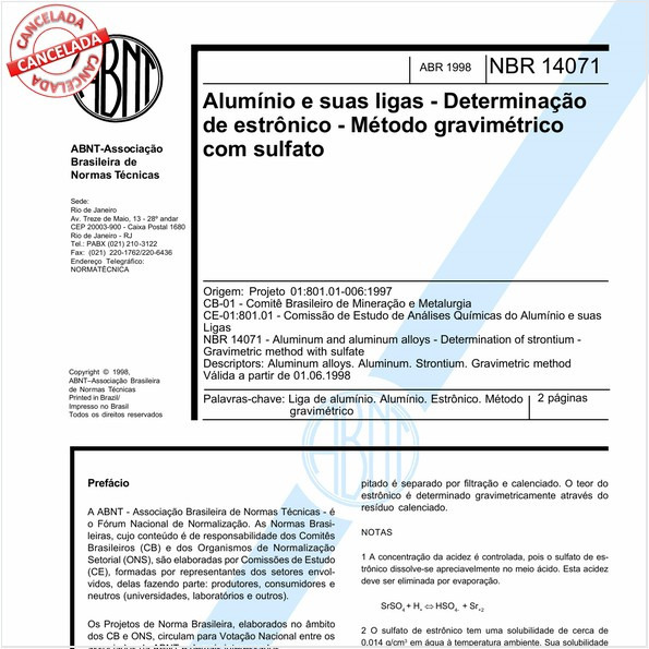 Alumínio e suas ligas - Determinação de estrônico - Método gravimétrico com sulfato 