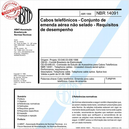 Cabos telefônicos - Conjunto de emenda aérea não selado - Requisitos de desempenho