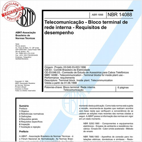 Telecomunicação - Bloco terminal de rede interna - Requisitos de desempenho