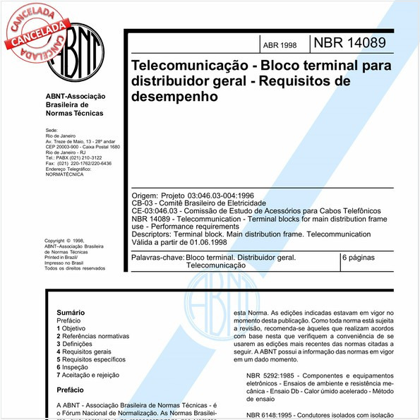 Telecomunicação - Bloco terminal para distribuidor geral - Requisitos de desempenho