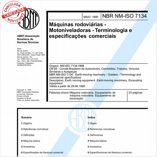 Máquinas rodoviárias - Motoniveladoras - Terminologia e especificações comerciais