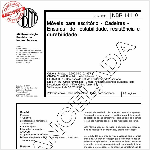 Móveis para escritório - Cadeiras - Ensaios de estabilidade, resistência e durabilidade