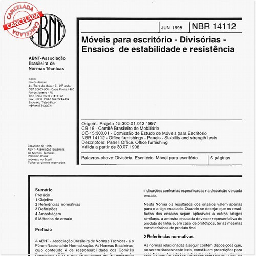 Móveis para escritório - Divisórias - Ensaios de estabilidade e resistência