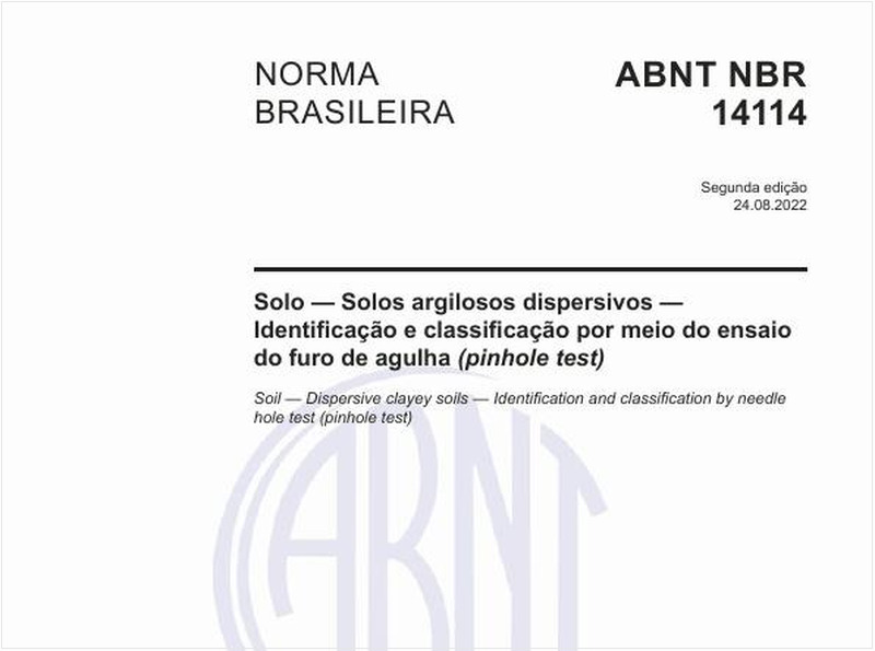Solo - Solos argilosos dispersivos - Identificação e classificação por meio do ensaio do furo de agulha (pinhole test)