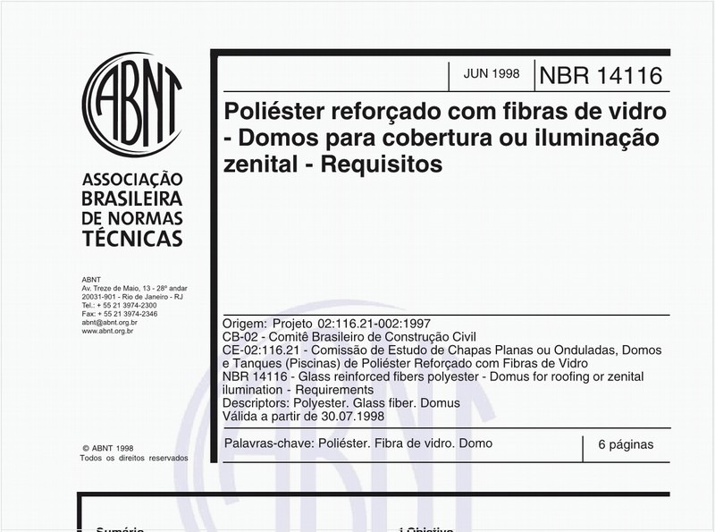 Poliéster reforçado com fibras de vidro - Domos para cobertura ou iluminação zenital - Requisitos