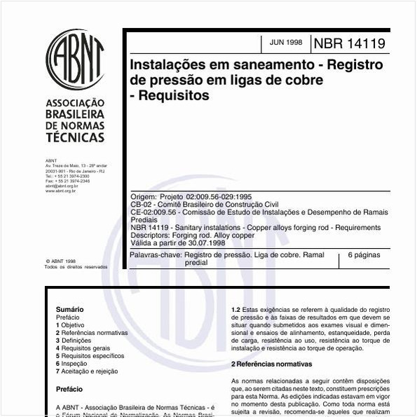 Instalações em saneamento - Registro de pressão em ligas de cobre - Requisitos