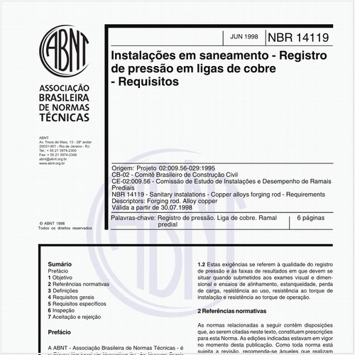 Instalações em saneamento - Registro de pressão em ligas de cobre - Requisitos