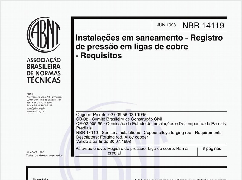 Instalações em saneamento - Registro de pressão em ligas de cobre - Requisitos