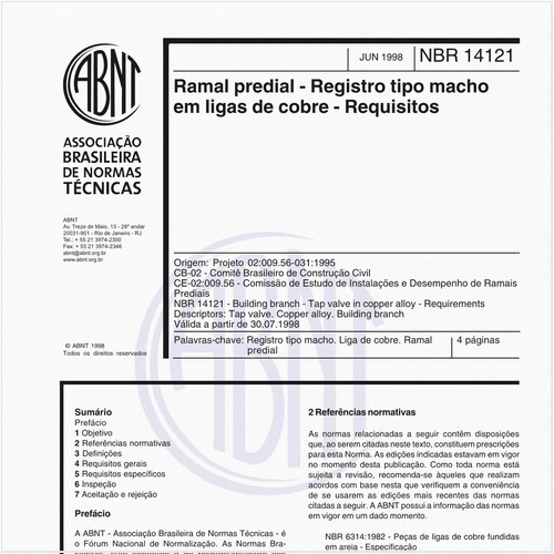 Ramal predial - Registro tipo macho em ligas de cobre - Requisitos