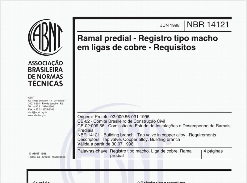 Ramal predial - Registro tipo macho em ligas de cobre - Requisitos