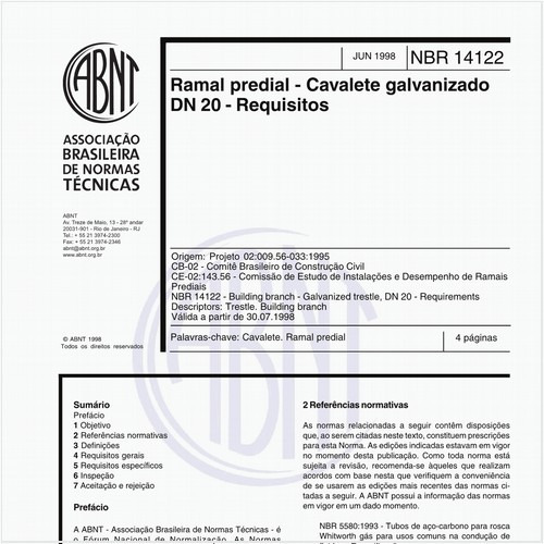 Ramal predial - Cavalete galvanizado DN 20 - Requisitos