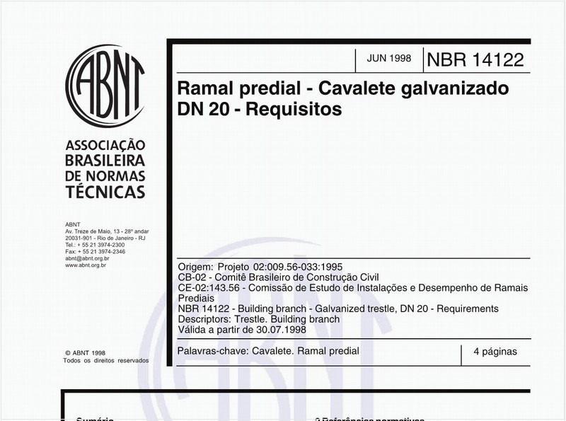 Ramal predial - Cavalete galvanizado DN 20 - Requisitos