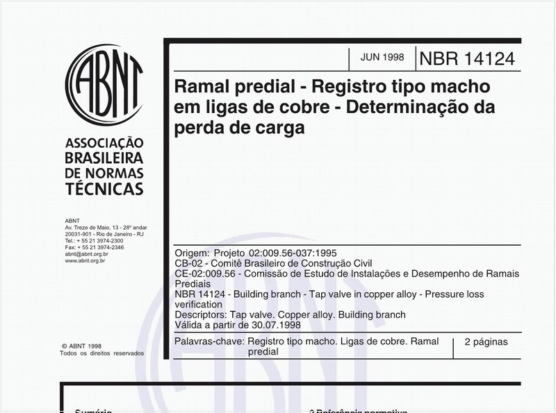 Ramal predial - Registro tipo macho em ligas de cobre - Determinação da perda de carga - 