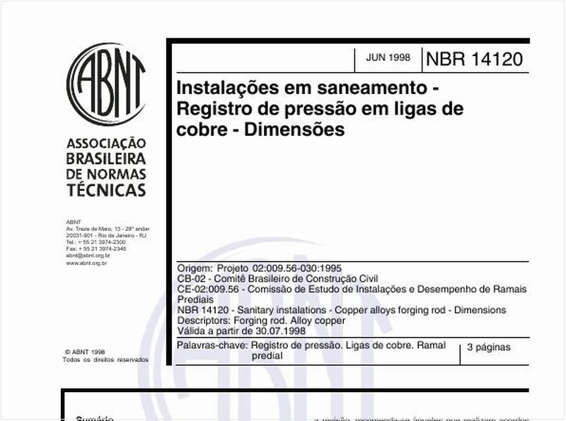 Instalações em saneamento - Registro de pressão em ligas de cobre - Dimensões