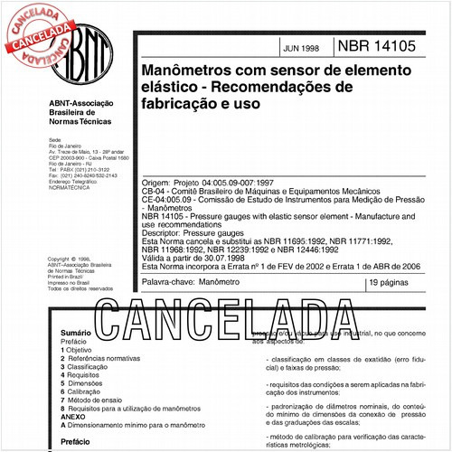 Manômetros com sensor de elemento elástico - Recomendações de fabricação e uso