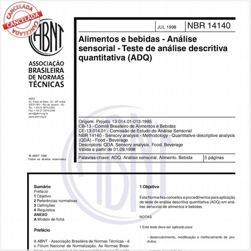 Alimentos e bebidas - Análise sensorial - Teste de análise descritiva quantitativa (ADQ)