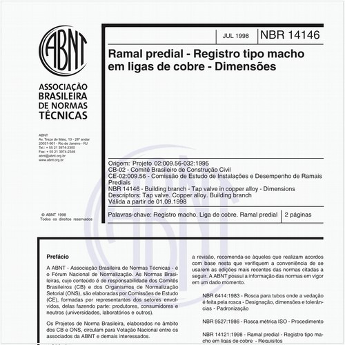 Ramal predial - Registro tipo macho em ligas de cobre - Dimensões