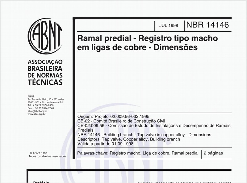 Ramal predial - Registro tipo macho em ligas de cobre - Dimensões