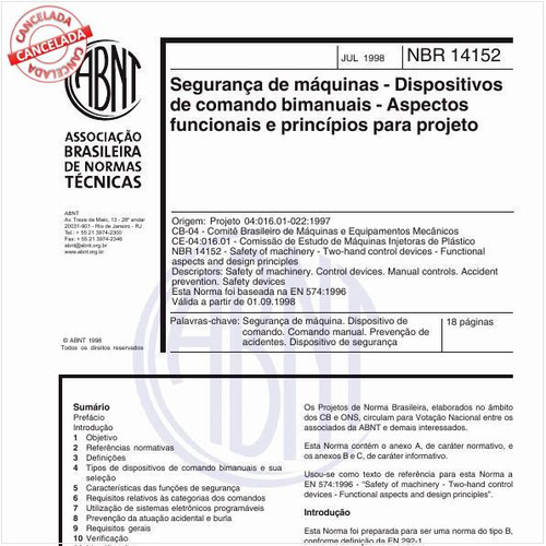 Segurança de máquinas - Dispositivos de comando bimanuais - Aspectos funcionais e princípios para projeto
