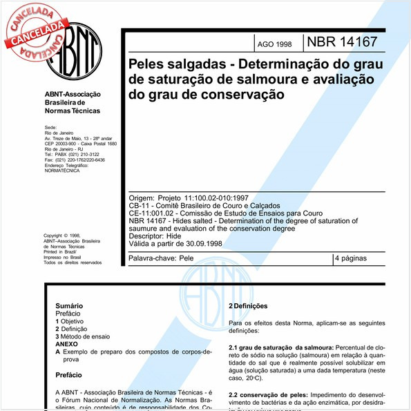 Peles salgadas - Determinação do grau de saturação de salmoura e avaliação do grau de conservação