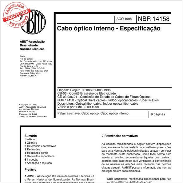 Cabo óptico interno - Especificação