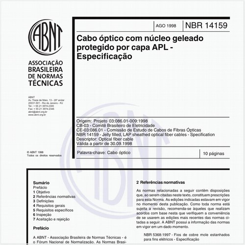 Cabo óptico com núcleo geleado protegido por capa APL - Especificação
