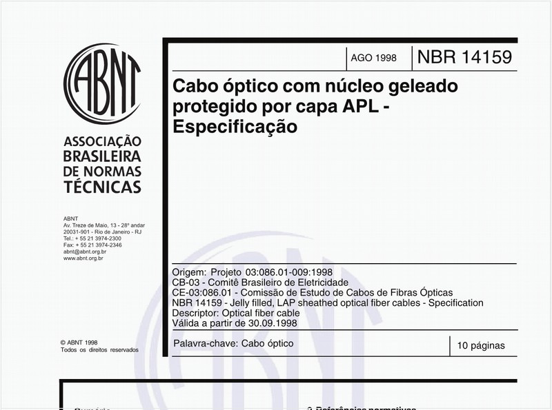Cabo óptico com núcleo geleado protegido por capa APL - Especificação