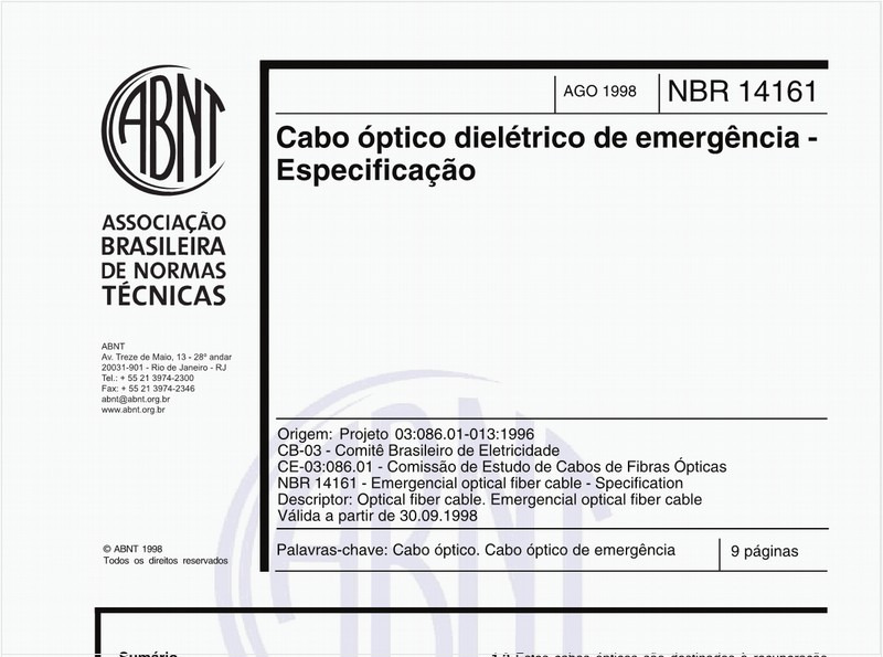 Cabo óptico dielétrico de emergência - Especificação