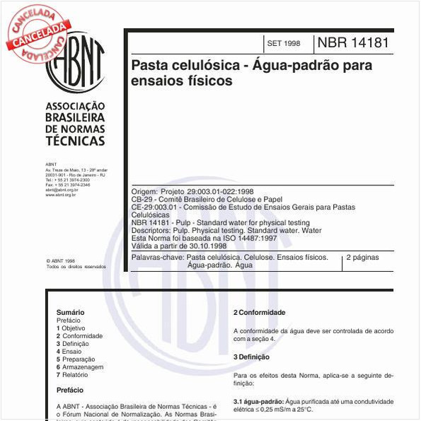 Pasta celulósica - Água-padrão para ensaios físicos