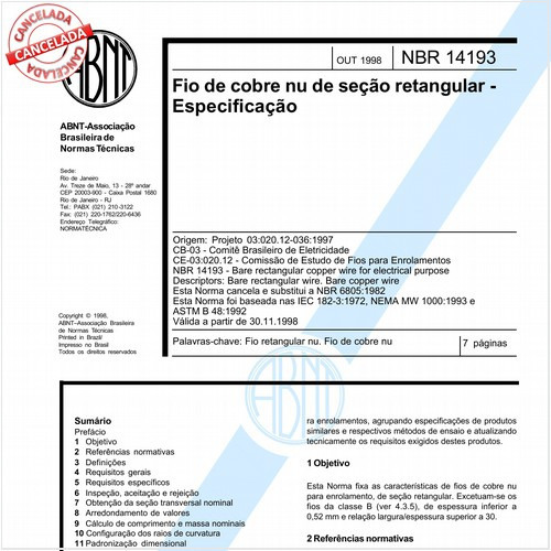 Fio de cobre nu de seção retangular - Especificação