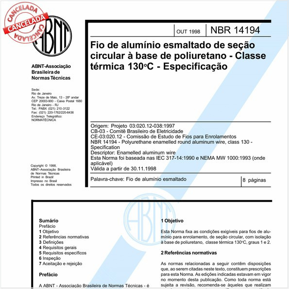Fio de alumínio esmalte de seção circular à base de poliuretano - Classe térmica 130 graus Celsius - Especificação