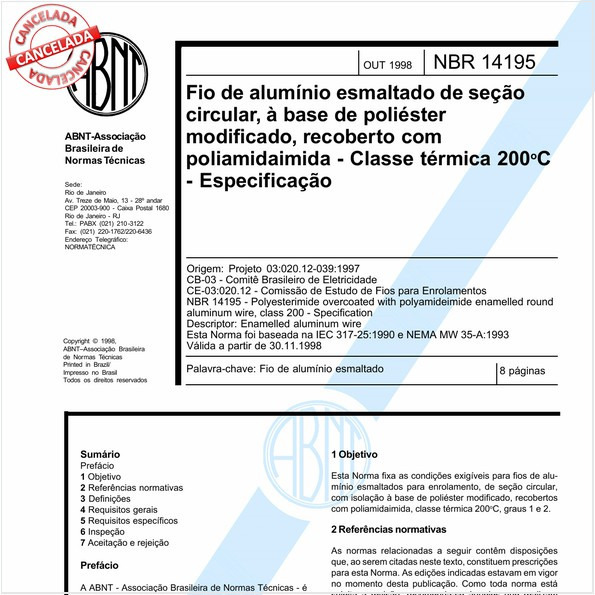 Fio de alumínio esmaltado de seção circular, à base de poliéster modificado, recoberto com poliamidaimida - Classe térmica 200 graus Celsius - Especificação