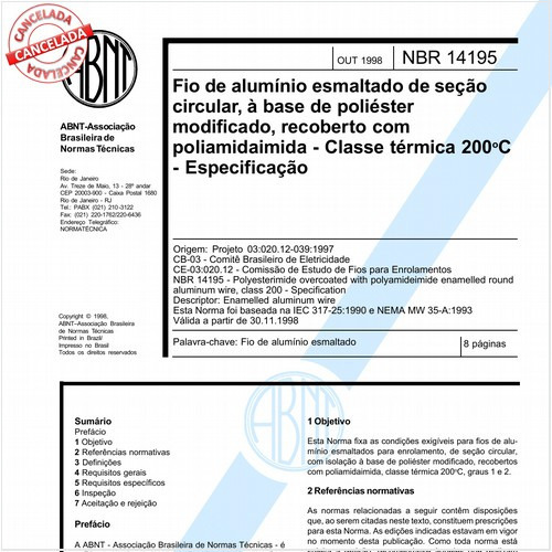 Fio de alumínio esmaltado de seção circular, à base de poliéster modificado, recoberto com poliamidaimida - Classe térmica 200 graus Celsius - Especificação