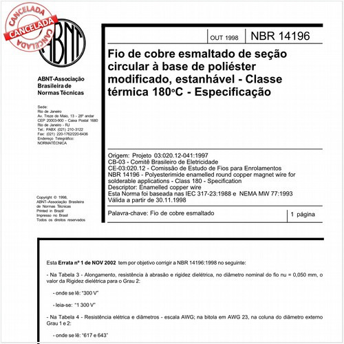 Fio de cobre esmaltado de seção circular à base de poliéster modificado, estanhável - classe térmica 180 graus Celsius - Especificação