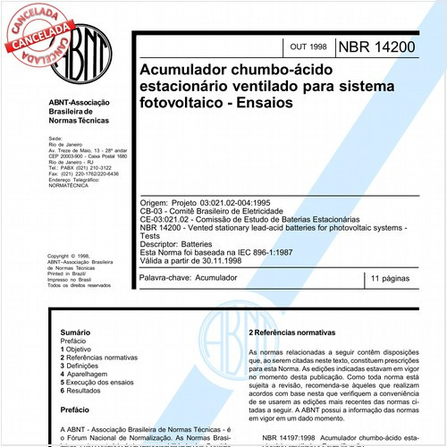 Acumulador chumbo-ácido estacionário ventilado para sistemas fotovoltáico - Ensaios