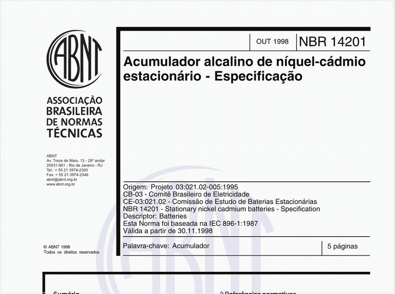 Acumulador alcalino de níquel-cádmio estacionário - Especificação