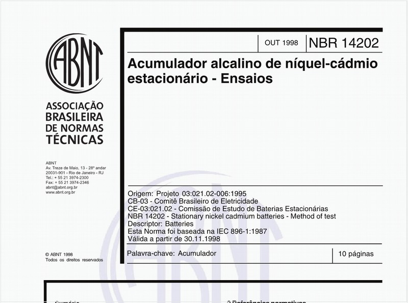 Acumulador alcalino de níquel-cádmio estacionário - Ensaios