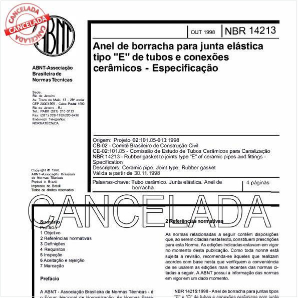Anel de borracha para junta elástica tipo "E" de tubos e conexões cerâmicos - Especificação