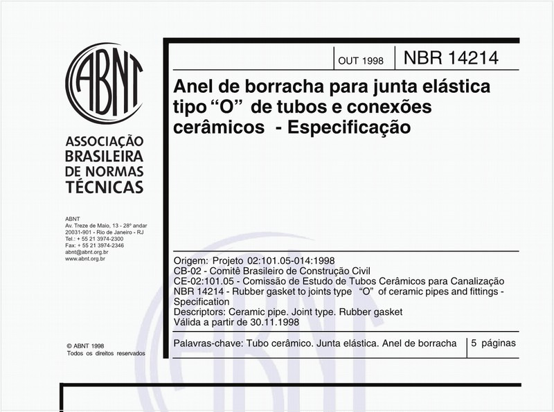 Anel de borracha para junta elástica tipo "O" de tubos e conexões cerâmicos - Especficação