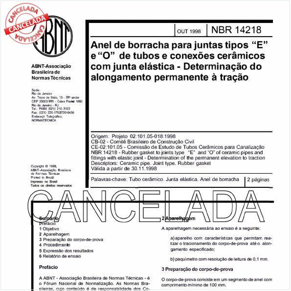 Anel de borracha para juntas tipos "E" e "O" de tubos e conexões cerâmicos com junta elástica - Determinação do alongamento permanente à tração
