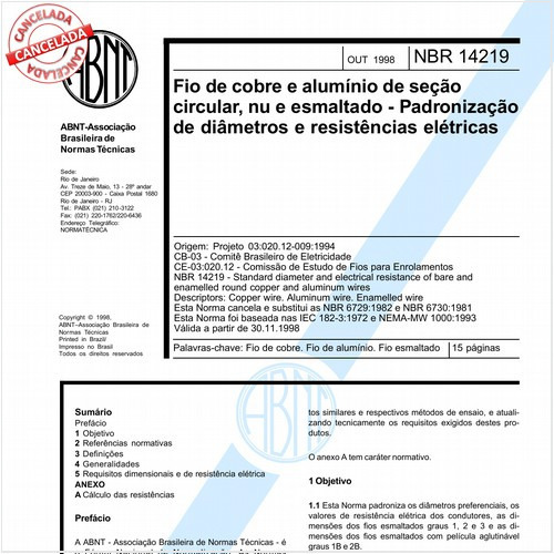 Fio de cobre e alumínio de seção circular, nu e esmaltado - Padronização de diâmetros e resistências elétricas
