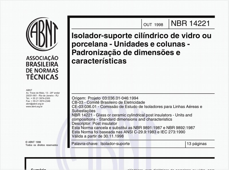 Isolador-suporte cilíndro de vidro ou porcelana - Unidades e colunas - Padronização de dimensões e características