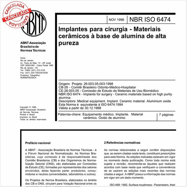 Implantes para cirurgia - Materiais cerâmicos à base de alumina de alta pureza
