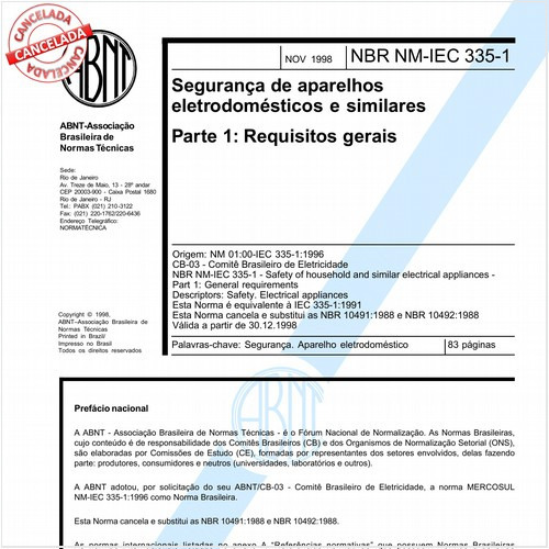 Segurança de aparelhos eletrodomésticos e similares - Parte 1: Requisitos gerais