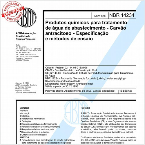 Produtos químicos para tratamento de água de abastecimento - Carvão antracitoso - Especificação e método de ensaio
